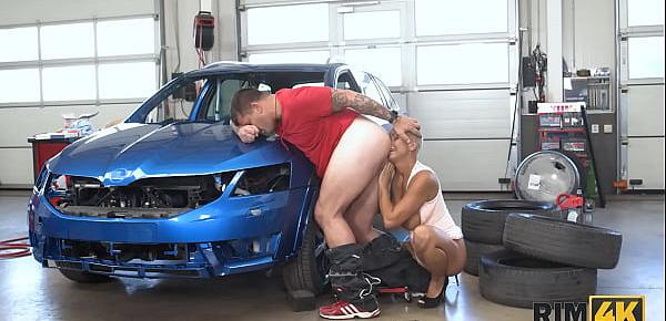  RIM4K. Car mechanics anus is tongued by a sexy short-haired beauty